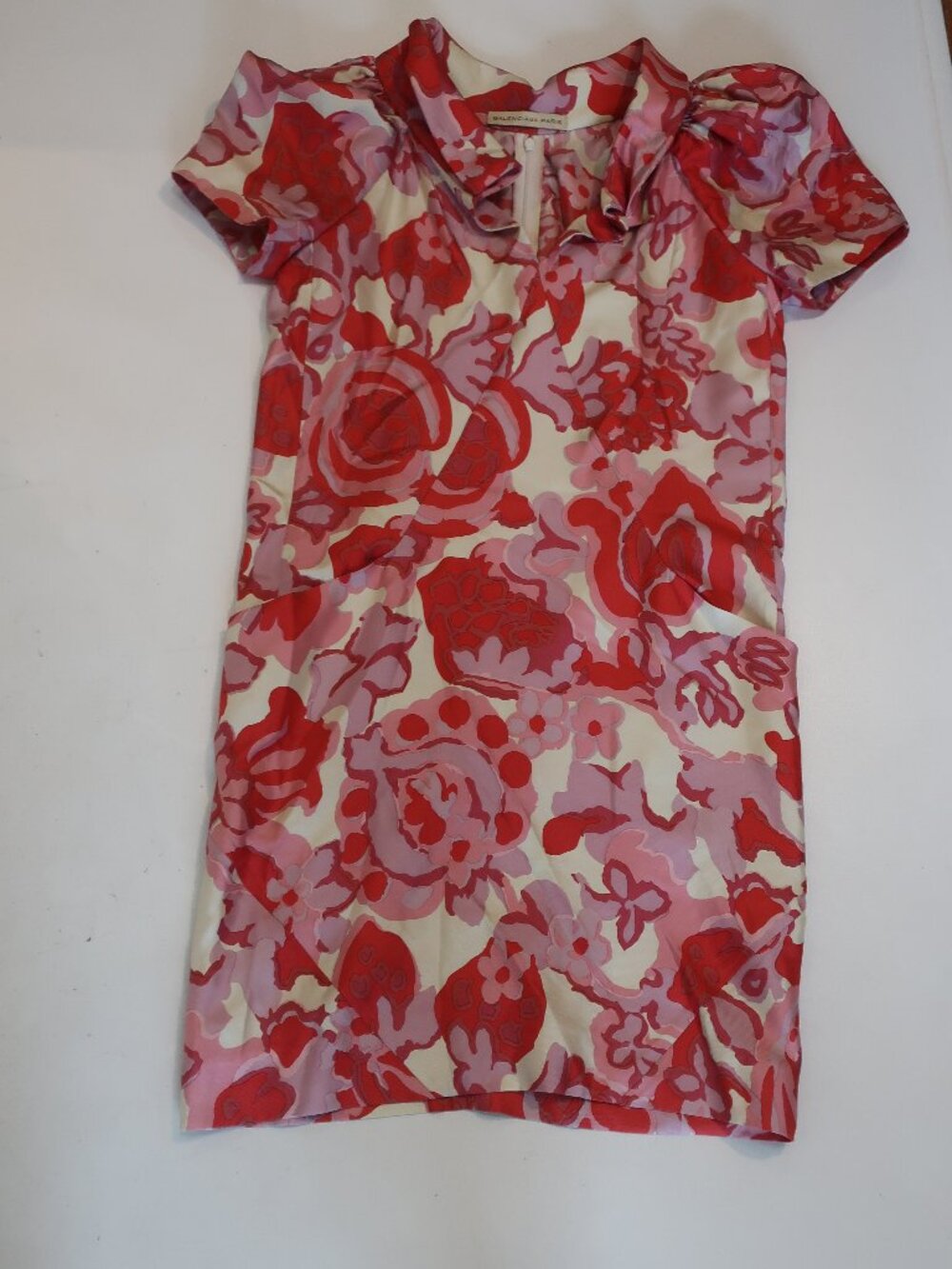 Balenciaga Paris Red Pink Ivory (Item-99) Floral Pure Silk Sheath Dress 36 US/4
